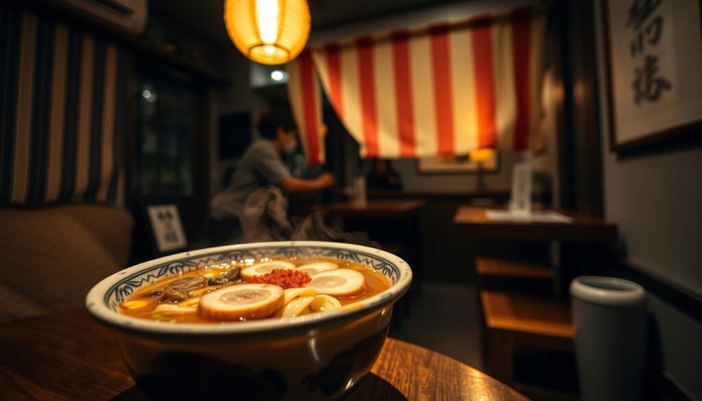 A cozy and authentic Japanese ramen restaurant with a traditional noren curtain at the entrance, subtle lighting, and a minimalist interior. The focal point is the steaming bowl of ramen, featuring thick noodles, tender pork slices, and a rich, umami broth. The scene is captured from a low angle, emphasizing the inviting and mouthwatering presentation. The atmosphere is warm, intimate, and immersive, transporting the viewer to a peaceful haven for ramen enthusiasts.