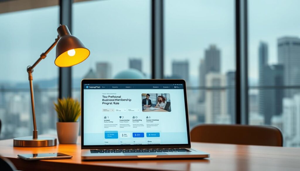 A professional business membership program with sleek, modern interface showcased on a laptop screen. In the foreground, an executive-style desk with a minimalist desktop setup, including a stylish office lamp and potted plant. The background features a blurred cityscape, conveying a sense of urban sophistication. Warm, directional lighting creates depth and highlights the membership program's key features. The overall mood is one of productivity, success, and the value of a premium membership experience.