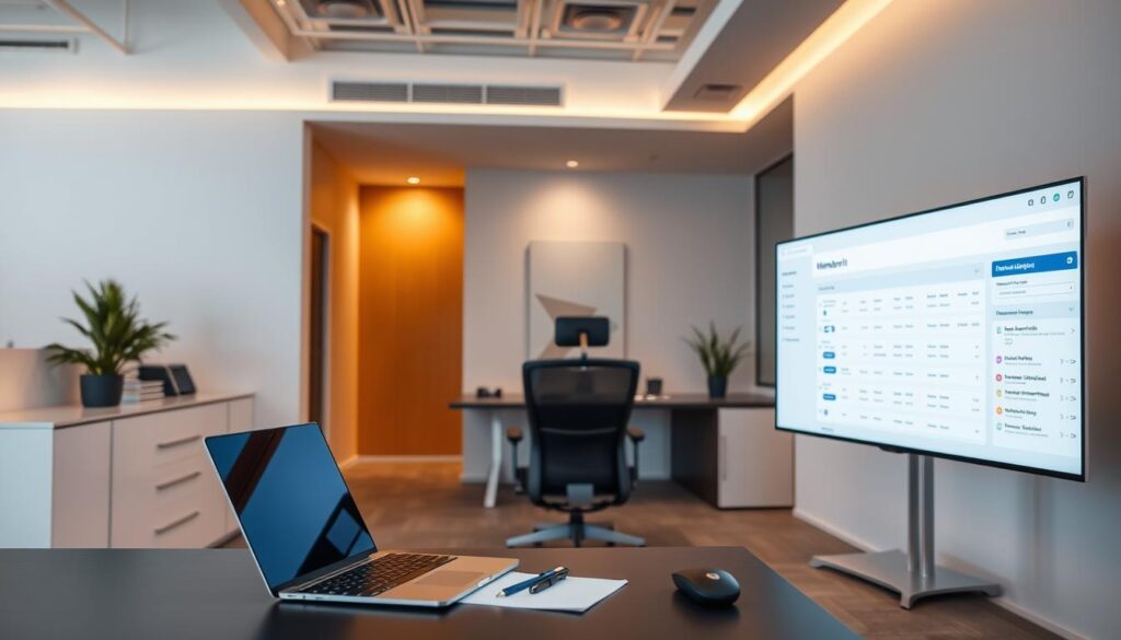 A sleek and modern office interior, with a large flat-screen display showcasing a user interface for a membership program. In the foreground, a desk with a laptop, mouse, and pen thoughtfully arranged. Warm, indirect lighting casts a soft glow, creating a welcoming and productive atmosphere. In the middle ground, an ergonomic office chair invites the viewer to sit and interact with the system. The background features minimalist decor, clean lines, and muted tones, allowing the technology to take center stage. The overall scene conveys a sense of professionalism, efficiency, and the implementation of a robust membership program.