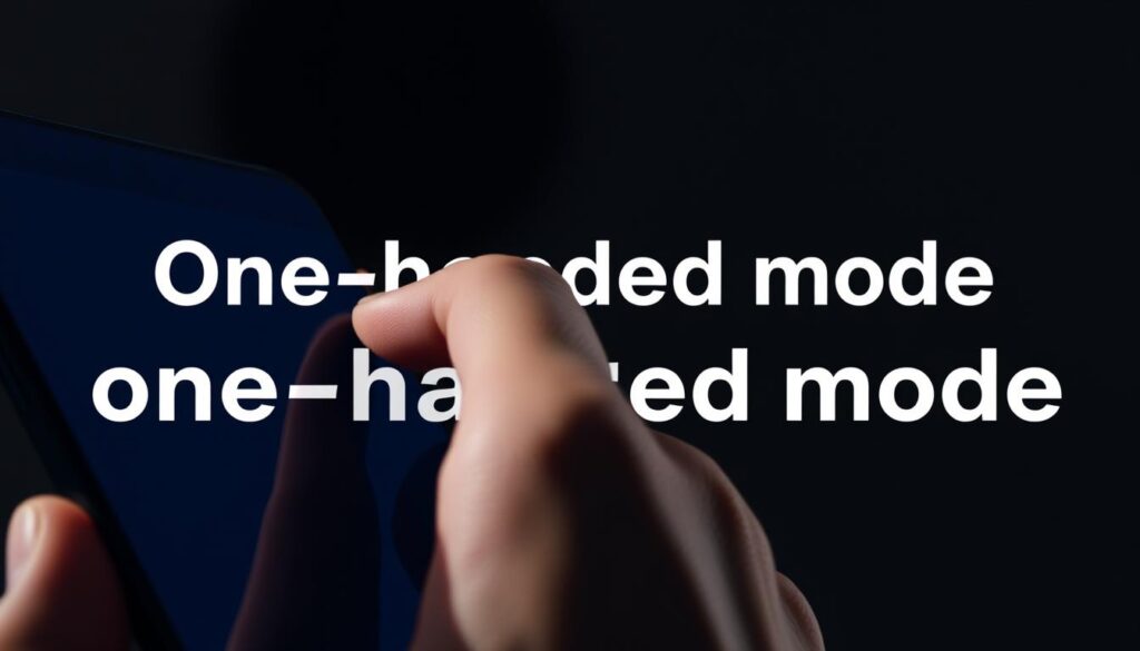 A close-up view of a person's hand pressing the power button on a large smartphone in a dimly lit room. The smartphone is positioned at an angle, its 6.8-inch display visible in the foreground. The hand is gripping the phone's edge, with the thumb firmly pressing the power button twice. The lighting is subtle, casting soft shadows that accentuate the texture of the smartphone's surface and the contours of the hand. The background is blurred, creating a sense of focus on the central action. The overall mood is practical and utilitarian, reflecting the "one-handed mode" functionality being demonstrated.