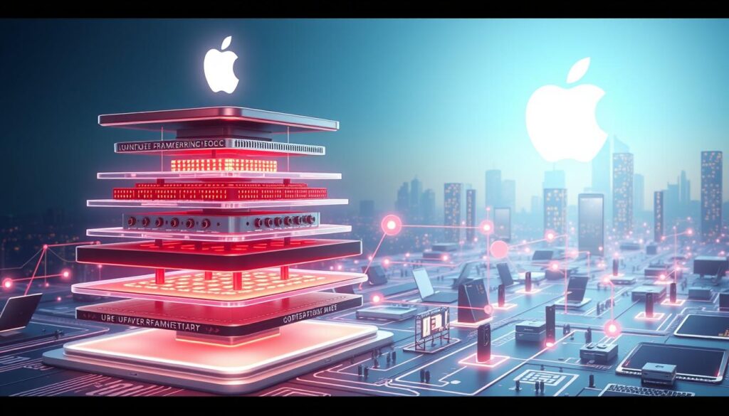 A detailed illustration depicting the technical architecture of iOS, emphasizing its intricate components and successful integration within the Apple ecosystem. In the foreground, a vivid representation of layered software architecture, showcasing modular elements such as user interface frameworks, APIs, and system frameworks. In the middle ground, depict a network of connected devices like iPhones and iPads, all communicating seamlessly, with glowing lines representing data flow. The background should feature a stylized representation of the Apple logo and a futuristic skyline to symbolize innovation. Use soft, ambient lighting to create a sense of high-tech sophistication, with a focus on cool tones like blue and silver. Capture the mood of advancement and clarity, highlighting iOS's pivotal role in modern computing.