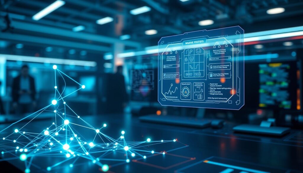 A futuristic digital workspace illustrating the concept of "small language models" and their compression techniques. In the foreground, a sleek, abstract representation of a neural network composed of interconnected nodes and circuits, glowing softly with neon blue and green lights. In the middle ground, a holographic display featuring intricate charts and algorithms, showing the processes of model compression. The background is a blurred tech environment with hints of modern computers and data streams. The lighting is cool and ambient, casting soft reflections that create an innovative atmosphere. The overall mood is one of cutting-edge advancement and potential, with a focus on efficiency in AI technology for edge devices.