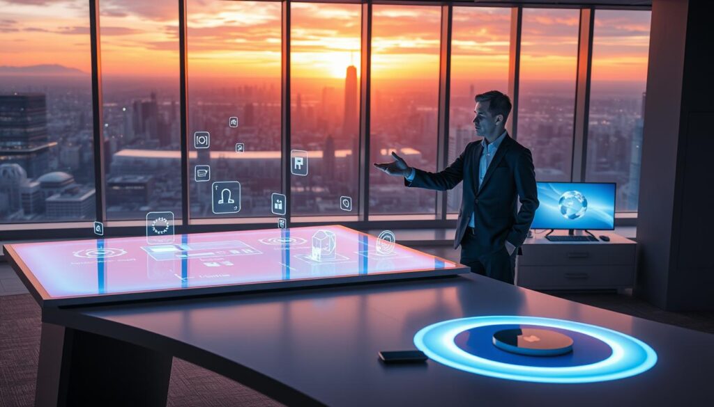A futuristic workspace showcasing Apple's visionOS platform. In the foreground, a sleek, modern desk with a high-resolution display projecting holographic spatial computing elements, emanating a soft blue glow. A professional individual dressed in smart business attire interacts with the holograms using hand gestures, demonstrating the immersive experience of this technology. The middle ground features floating 3D icons and applications, symbolizing the advanced capabilities of visionOS. In the background, large windows reveal a panoramic view of a high-tech cityscape under a vibrant sunset, adding a sense of innovation and progress. The overall atmosphere is bright and inspiring, with well-balanced lighting highlighting the key features of the space.
