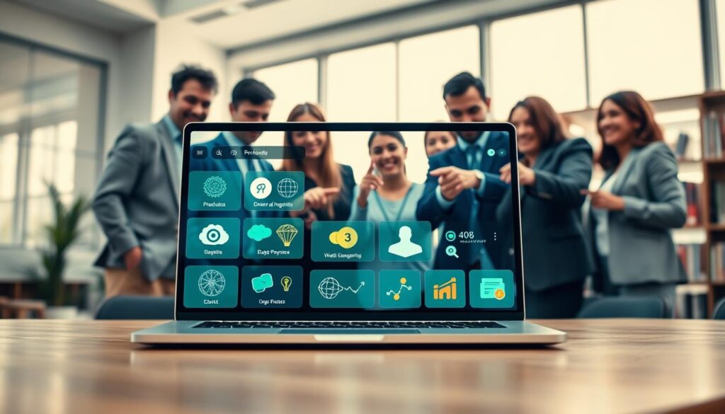 A modern, sleek digital workspace showcasing popular small language models in action. In the foreground, a laptop displays a vibrant interface with engaging graphical representations of various SLMs, like distinct icons or visualizations. The middle ground features a diverse group of professionals, dressed in business attire, collaborating around the laptop, pointing at the screen with expressions of intrigue and excitement. The background includes soft, ambient lighting from large windows, creating a warm atmosphere, and shelves with books on AI and machine learning. The overall mood is optimistic and innovative, capturing the essence of cutting-edge technology in everyday use. The image is focused, with a slight depth of field effect to emphasize the characters and the laptop, enhancing the sense of immersion in the future of AI at the edge.