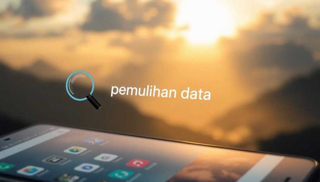 A serene android smartphone screen displaying a data recovery interface. In the foreground, a magnifying glass icon and the text "pemulihan data" hover over a realistic, detailed Android UI with app icons and notification bar. The middle ground features a softly blurred landscape of mountains and a cloudy sky, bathed in warm, golden lighting. The background is filled with a subtle gradient, creating a sense of depth and focus on the data recovery process. The overall atmosphere is one of calm, problem-solving, and technological tranquility.