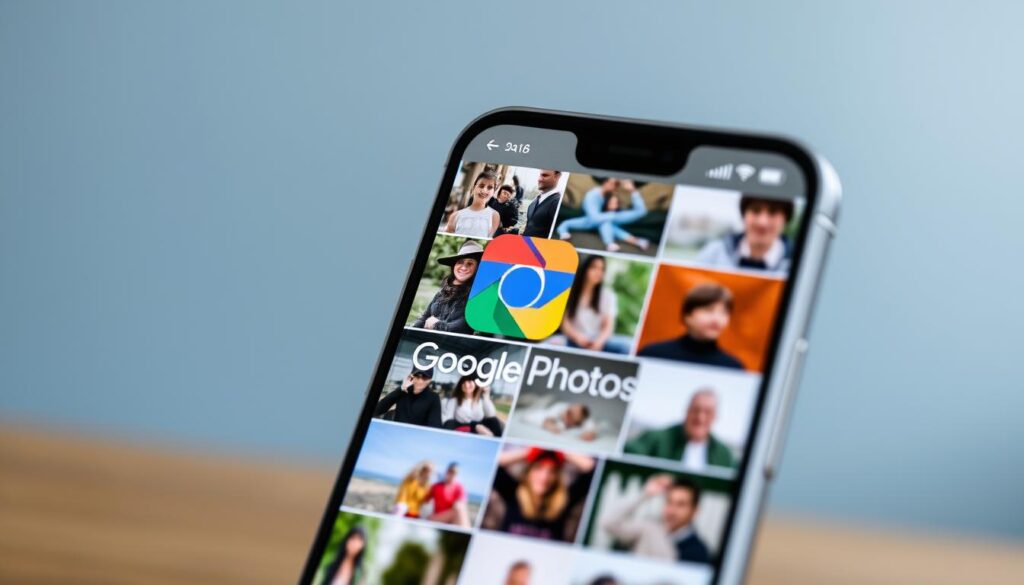 A wide-angle view of the Google Photos app interface, with a clean and intuitive design. The screen displays a grid of photo thumbnails, showcasing a variety of memories and moments captured. The background is a soft, blurred gradient in calming shades of blue and grey, creating a serene and professional atmosphere. The app's iconic camera icon is prominently featured in the center, suggesting the ease of uploading and managing photos. The overall composition is well-balanced, with a sense of depth and dimension, inviting the viewer to explore the app's capabilities for photo recovery and organization.