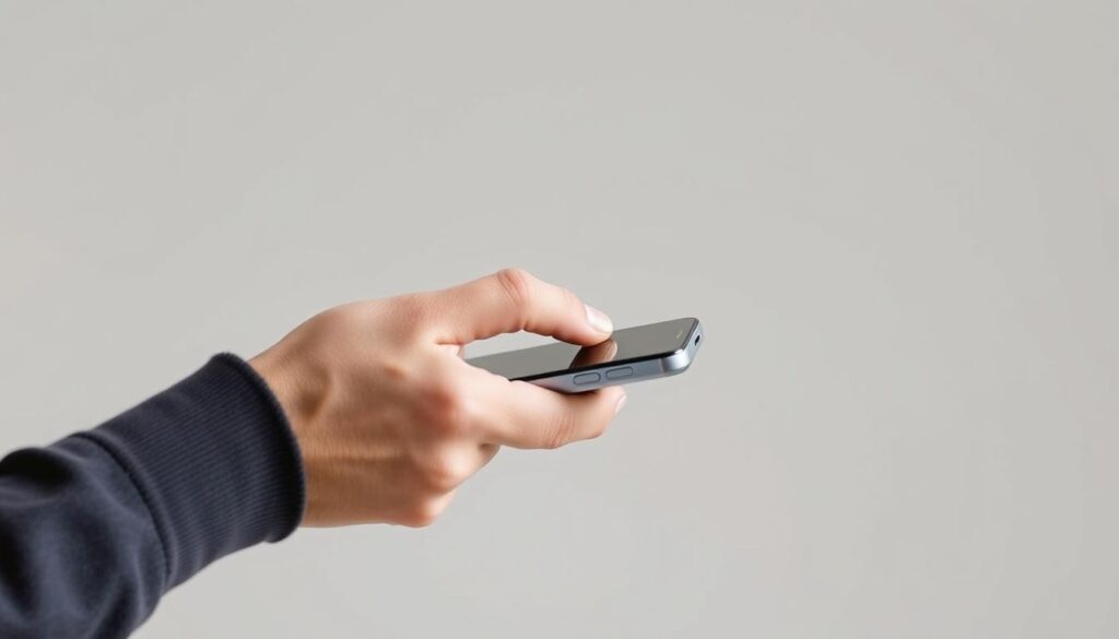 An image of a person's hand comfortably operating a large smartphone (6.8 inches) in one-handed mode. The smartphone is held in a natural, relaxed grip, with the thumb easily reaching across the screen to navigate and interact with the interface. The image should be shot from a side angle, capturing the user's hand and the smartphone in a well-lit, minimalist setting. The composition should emphasize the ease and ergonomics of using the device with a single hand, without any visual distractions or clutter. The overall mood should be calm, efficient, and focused on the practical usage of the smartphone's one-handed mode.