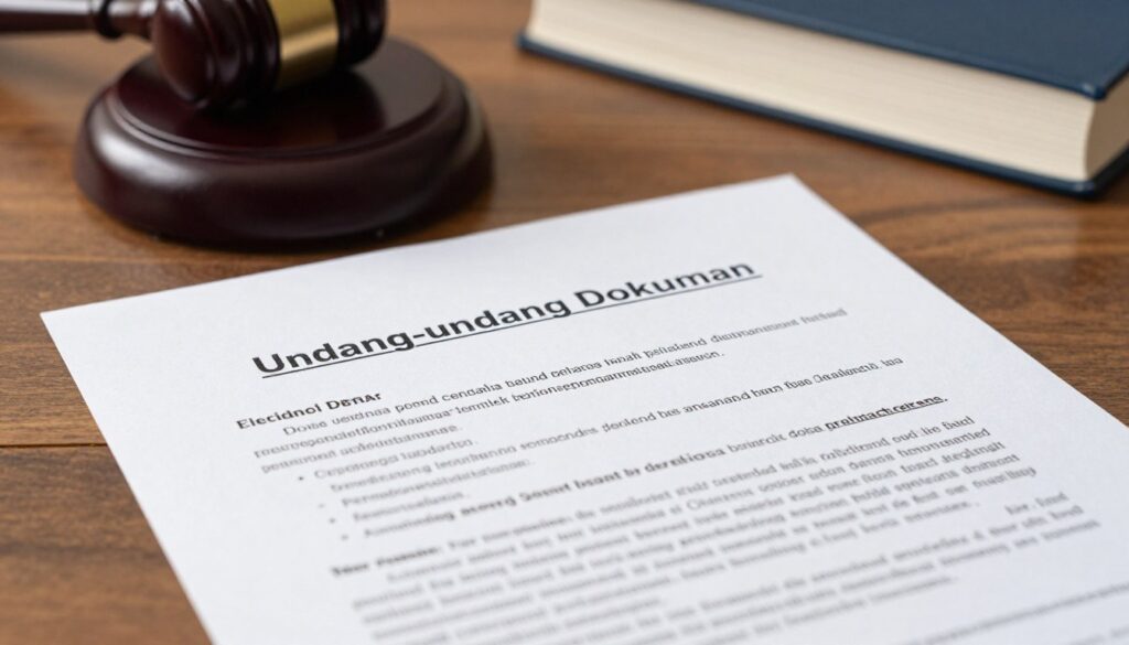 A close-up image of a legal document titled "Undang-undang Dokumen" placed on a wooden desk. The document features bold headings and intricate legal text in fine print, symbolizing the formalities of the election law. In the background, a gavel rests beside a stack of legislation books, emphasizing the legal framework. Soft, warm lighting illuminates the scene, creating a professional and serious atmosphere. The focus should be sharp on the document, with a shallow depth of field blurring the background slightly. Include a subtle reflection on the table to enhance realism. The image should convey a sense of urgency and importance, relevant to legal proceedings and regulations within electoral processes. A close-up image of a legal document titled "Undang-undang Dokumen" placed on a wooden desk. The document features bold headings and intricate legal text in fine print, symbolizing the formalities of the election law. In the background, a gavel rests beside a stack of legislation books, emphasizing the legal framework. Soft, warm lighting illuminates the scene, creating a professional and serious atmosphere. The focus should be sharp on the document, with a shallow depth of field blurring the background slightly. Include a subtle reflection on the table to enhance realism. The image should convey a sense of urgency and importance, relevant to legal proceedings and regulations within electoral processes.