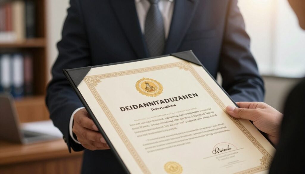 A detailed, realistic diploma (ijazah) prominently displayed in the foreground, featuring traditional elements such as ornate borders and an official seal, symbolizing authenticity. The middle ground includes a subtle shadow of a figure dressed in professional business attire, holding the diploma with a confident posture, suggesting ambition and professionalism. In the background, a softly blurred office setting with a bookshelf and a desk, hinting at the environment of a political candidate. The lighting is warm and inviting, creating a sense of achievement and hope. The lens captures the scene from a slightly elevated angle, enhancing the focus on the diploma while maintaining a polished, professional atmosphere. The overall mood is aspirational, reflecting the importance of qualifications in the political arena. A detailed, realistic diploma (ijazah) prominently displayed in the foreground, featuring traditional elements such as ornate borders and an official seal, symbolizing authenticity. The middle ground includes a subtle shadow of a figure dressed in professional business attire, holding the diploma with a confident posture, suggesting ambition and professionalism. In the background, a softly blurred office setting with a bookshelf and a desk, hinting at the environment of a political candidate. The lighting is warm and inviting, creating a sense of achievement and hope. The lens captures the scene from a slightly elevated angle, enhancing the focus on the diploma while maintaining a polished, professional atmosphere. The overall mood is aspirational, reflecting the importance of qualifications in the political arena.
