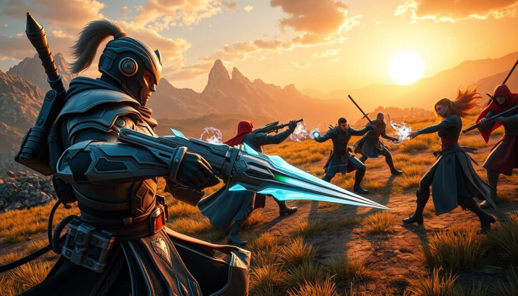 A dynamic and innovative battle system in a fantasy open-world environment, featuring diverse characters engaged in strategic combat. In the foreground, a focused warrior clad in high-tech armor wields a glowing energy weapon, showcasing intricate design elements. The middle ground reveals a diverse team of fighters, including a robed mage casting spells and a swift rogue preparing a stealthy attack, all demonstrating unique combat styles. The background is a vibrant landscape with towering mountains and a setting sun, casting warm golden light across the scene, enhancing the atmosphere of adventure and tension. The image captures a sense of collaboration and excitement, emphasizing the creativity behind the innovative combat mechanics. A dynamic and innovative battle system in a fantasy open-world environment, featuring diverse characters engaged in strategic combat. In the foreground, a focused warrior clad in high-tech armor wields a glowing energy weapon, showcasing intricate design elements. The middle ground reveals a diverse team of fighters, including a robed mage casting spells and a swift rogue preparing a stealthy attack, all demonstrating unique combat styles. The background is a vibrant landscape with towering mountains and a setting sun, casting warm golden light across the scene, enhancing the atmosphere of adventure and tension. The image captures a sense of collaboration and excitement, emphasizing the creativity behind the innovative combat mechanics.