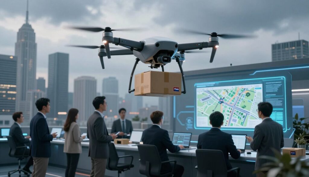 A futuristic drone delivery scene showcasing the concept of regulatory support for drone operations. In the foreground, a sleek, modern drone hovers above a delivery package, adorned with a small flag representing regulatory authorities. In the middle ground, a diverse group of professionals in business attire discusses and reviews advanced maps and aerial schematics at a high-tech command center, with holographic displays glowing around them. The background features a city skyline with skyscrapers under a cloudy sky, hinting at the challenges of flying drones in inclement weather. Soft, ambient lighting creates a focused yet optimistic atmosphere, emphasizing innovation and readiness for operational deployment. The composition should be dynamic, capturing the synergy between technology and regulation.
