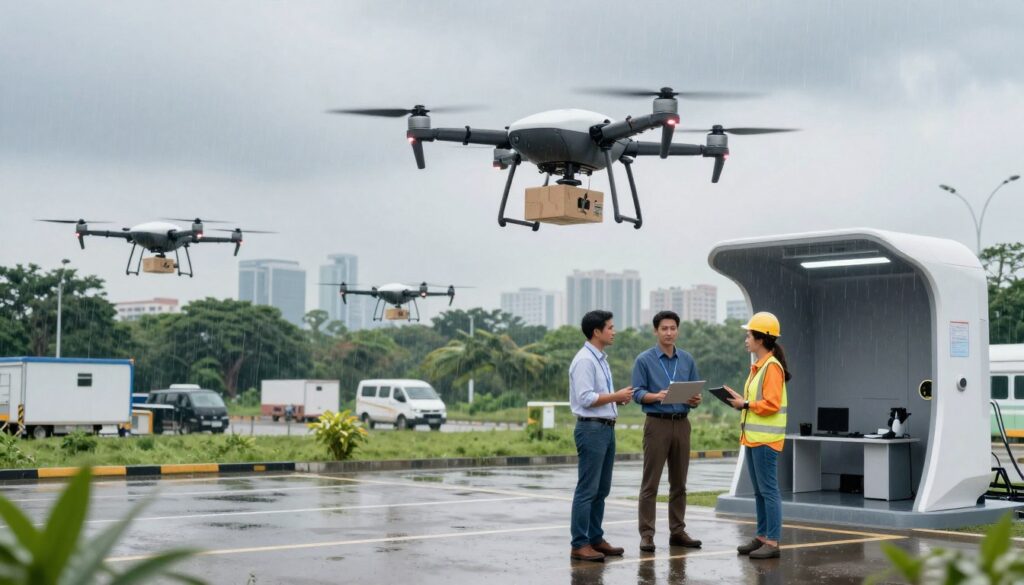 A modern logistics hub showcasing the potential of drone delivery in Indonesia, with drones flying through the sky amid light rain. In the foreground, a professional male and female worker in smart casual attire are discussing logistics strategies, standing beside a futuristic drone landing station. The middle section features various drones in motion, with packages being delivered. The background displays a city skyline with lush greenery, highlighting the harmony between technology and nature. The scene is illuminated with soft, diffused lighting, capturing a dynamic yet calm atmosphere, portraying innovation and opportunity in the logistics industry. The angle should be slightly elevated to capture both the activity of the drones and the engaged workers below.