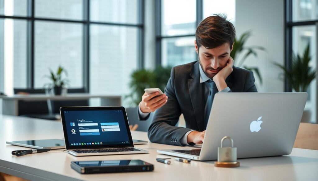 A modern office setting with a focus on social media device management. In the foreground, a professional man in business attire, attentively managing multiple devices like a smartphone and laptop, displaying login screens of various social media platforms. The middle ground features a sleek desk with tools like a password manager app on the laptop and security icons to symbolize safety and control over logins. In the background, a bright, well-lit environment with soft natural light coming through large windows, adding a sense of clarity and focus. The mood is professional and secure, highlighting the importance of managing device login activities effectively. The shot is composed with a slight angle to add depth, emphasizing the man’s engagement with the technology.