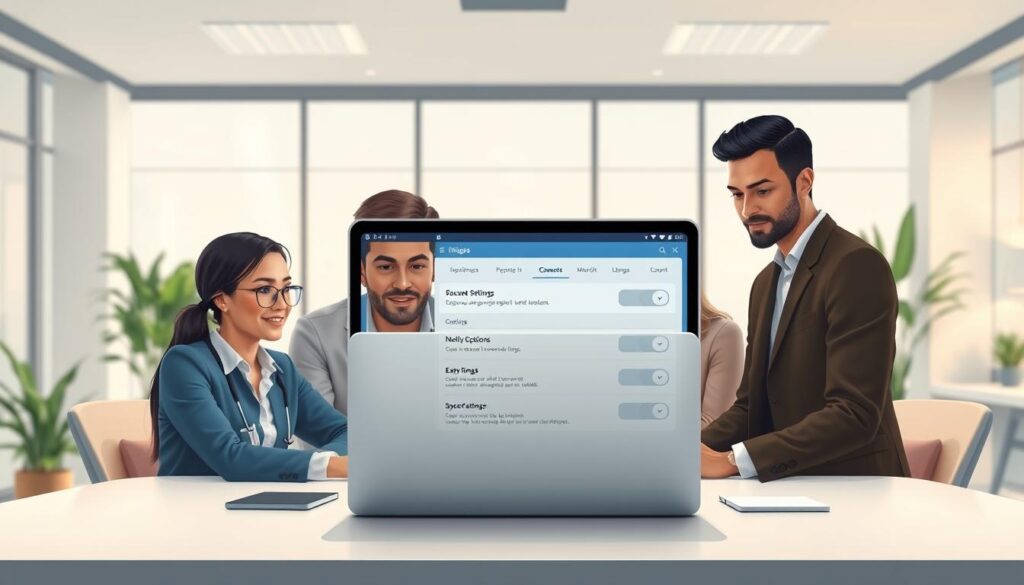 A serene and informative illustration depicting the concept of social media privacy settings. In the foreground, a diverse group of three professionals—two males and one female—are seated at a modern office table, examining a laptop displaying a social media account with various privacy settings highlighted. The middle layer features a sleek digital interface showing toggles for privacy options, notifications, and security features, radiating a sense of modern technology. The background consists of a bright, well-lit office filled with greenery and subtle decor, exuding a safe and professional atmosphere. Soft lighting with a warm glow enhances the mood of focus and collaboration, while maintaining a clean and organized appearance that fosters a sense of security and awareness regarding social media safety.