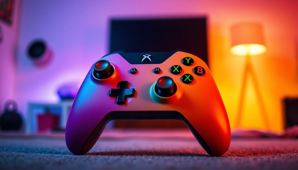 A sleek and modern Xbox wireless controller prominently displayed in the foreground, showcasing its vibrant colors. The controller is meticulously rendered in a high-resolution close-up, highlighting its ergonomic design, textured grips, and the iconic button layout. In the middle ground, a subtle gradient of colors inspired by the new 2024 editions flows, enhancing the visual appeal without overpowering the controller. The background is softly blurred to create depth, featuring a dynamic gaming setup with soft ambient lighting, creating a cozy and immersive atmosphere. The lighting emphasizes the controller's features, casting gentle shadows that accentuate its contours and buttons. The overall mood is inviting and futuristic, perfectly capturing the essence of the Xbox gaming experience as it remains relevant in 2024.