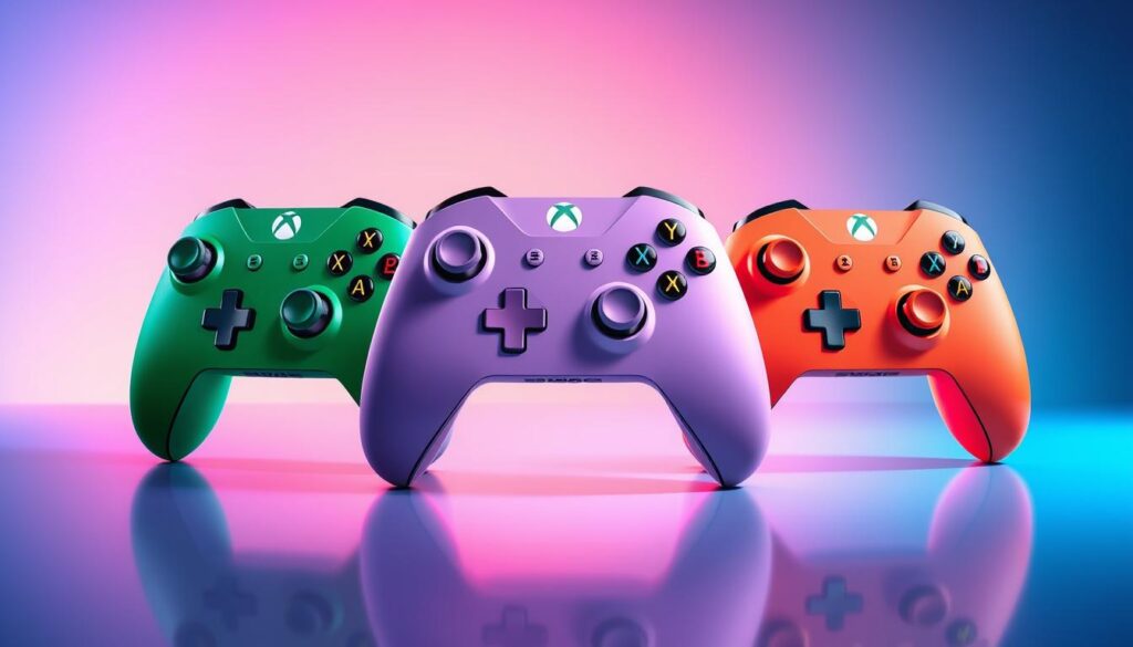 A vibrant and imaginative illustration depicting a collection of modern game controllers inspired by trending color schemes for 2023-2025. In the foreground, feature three Xbox controllers, each in a distinct hidden color variant—deep emerald green, soft lavender, and warm coral—gleaming under bright studio lighting that highlights their sleek designs. In the middle ground, display a subtle gradient background blending shades of blue and purple, evoking a sense of innovation and creativity. Incorporate abstract design elements like geometric shapes and soft light flares to enhance the futuristic vibe. Use a slightly elevated angle to capture the controllers prominently, focusing on their unique color blends and textures. The overall atmosphere should feel dynamic and appealing to collectors and gaming enthusiasts.
