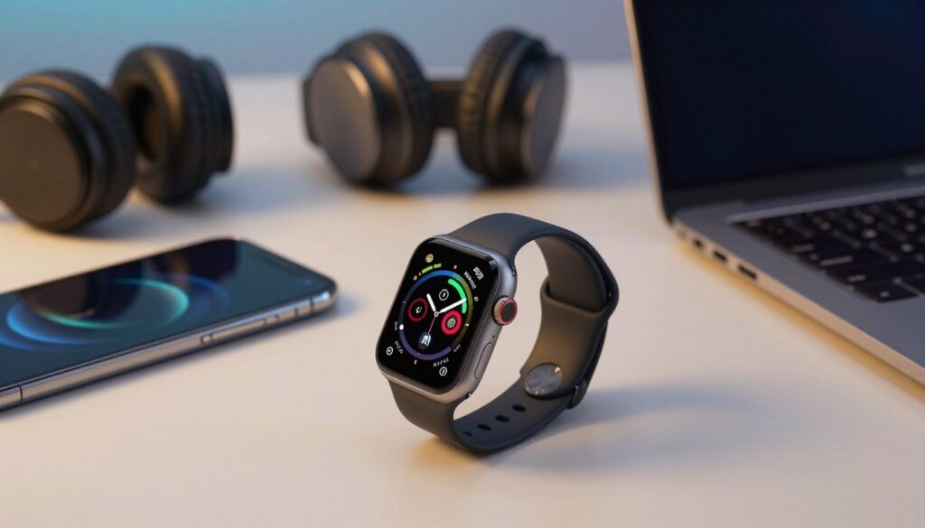 A sleek and modern smartwatch placed on a clean, minimalistic desk, surrounded by various tech accessories like a smartphone, headphones, and a laptop. The smartwatch screen displays colorful health and fitness metrics. In the background, a soft-focus gradient of blues and grays evokes a tech-savvy atmosphere. Warm, diffused lighting gently illuminates the watch, highlighting its sleek design and functionality. The camera angle is slightly above eye level, providing a dynamic view of the watch and accessories. The mood is professional and contemporary, portraying a sense of value and technological advancement, perfect for illustrating the comparison of prices and features of smartwatches.
