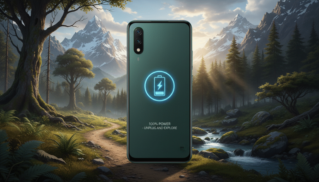 A sleek, modern Xiaomi smartphone model with an emphasis on its impressive battery life is showcased prominently in the foreground. The device is surrounded by a rugged landscape featuring elements of an outdoor adventure, like a mountainous backdrop and lush greenery, symbolizing freedom and endurance. The phone is displayed with its screen illuminated, showing an elegant battery icon indicating full charge, signifying long-lasting performance. Soft, natural sunlight filters through the trees, creating a warm and inviting atmosphere while casting gentle shadows. A low-angle shot captures the smartphone's design details and emphasize its longevity features. The overall mood conveys reliability and innovation, making it clear that this model is built for users who need extended battery life.