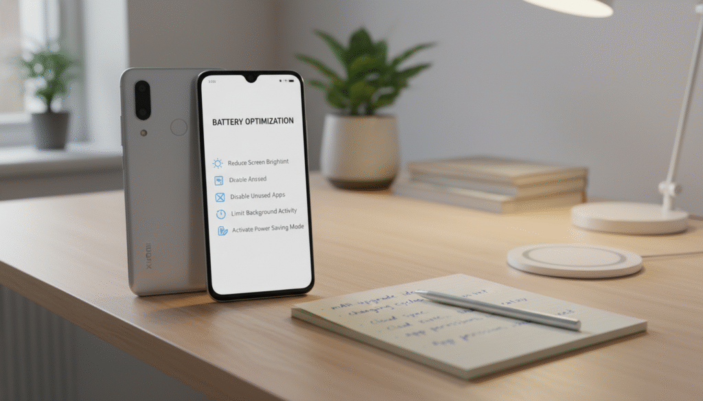 A sleek modern smartphone resting on a minimalist wooden desk, symbolizing Xiaomi's advanced technology. In the foreground, a close-up of the phone's screen displaying battery optimization tips with subtle icons representing settings. In the middle, a notepad filled with handwritten notes about battery life enhancements, surrounded by a stylish pen and a wireless charger. The background features a soft-focus of a home office environment with a potted plant and warm ambient lighting creating a cozy atmosphere. The scene exudes a sense of professionalism and innovation, inviting the viewer to learn more about optimizing smartphone battery life. The image should have soft natural light, emphasizing sleek lines and modern aesthetics, with a focus on clarity and detail.
