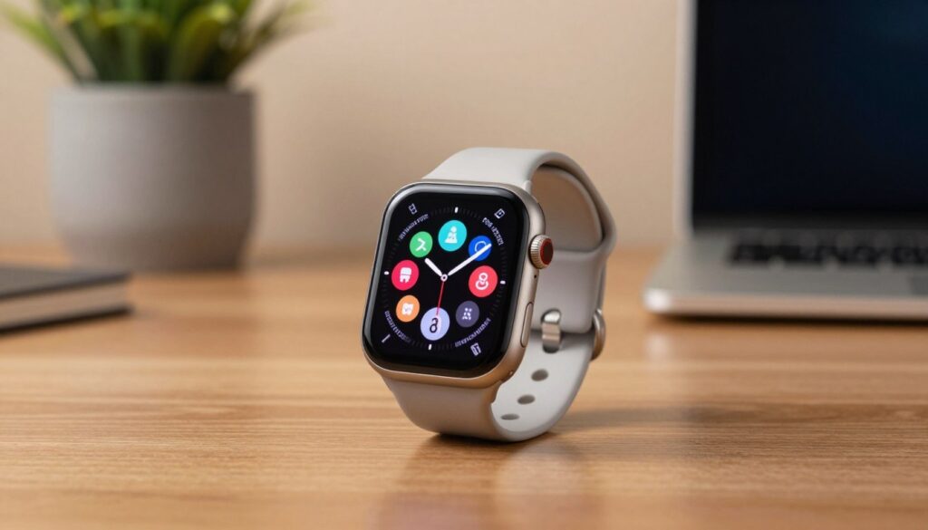 A sleek smartwatch with a vibrant HyperOS interface displayed prominently, showcasing colorful app icons and widgets like fitness trackers and notifications. In the foreground, the smartwatch is centered on a wooden desk, with a subtle reflection highlighting its premium glass surface. The middle layer features an elegant, soft-focus background of a modern workspace with a plant and a laptop, creating a tech-savvy atmosphere. The lighting is warm, emphasizing the shiny metallic frame of the watch. The angle captures the device from a slight overhead perspective, allowing viewers to appreciate both the interface and design aesthetics, conveying a sense of innovation and style. The overall mood is inviting and professional, ideal for a tech review context.